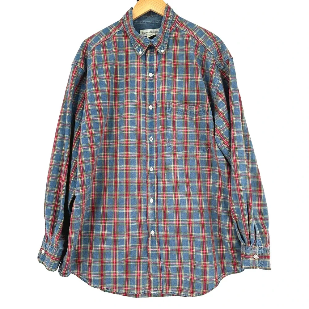 VTG 90s Banana Republic Mens Plaid Button Up Denim Shirt XL Preppy‎ Outdoors Y2K
